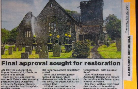 Hampshire Chronicle article dated Thursday 26th June 2014 covering the fire at St Peters church Ropley page 2