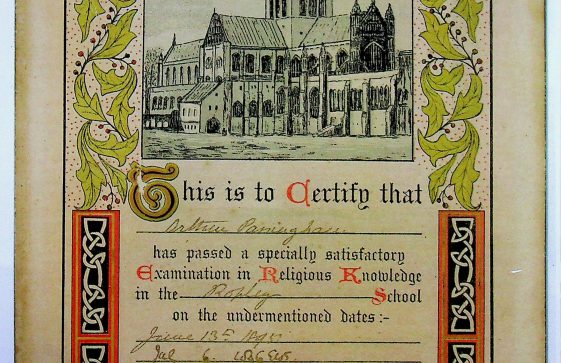 Certificate awarded to Arthur Parsingham for Exam of Religious Knowledge 1893
