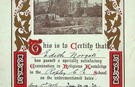 School Certificate of Religious Knowledge for Edith Norgate1906 - 1909