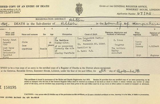 Death Certificate for Elsie Chatfield